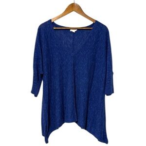 Eileen Fisher Linen Cotton Blend Tunic V Neck 3/4 Sleeve Blue Lagenlook Boho L